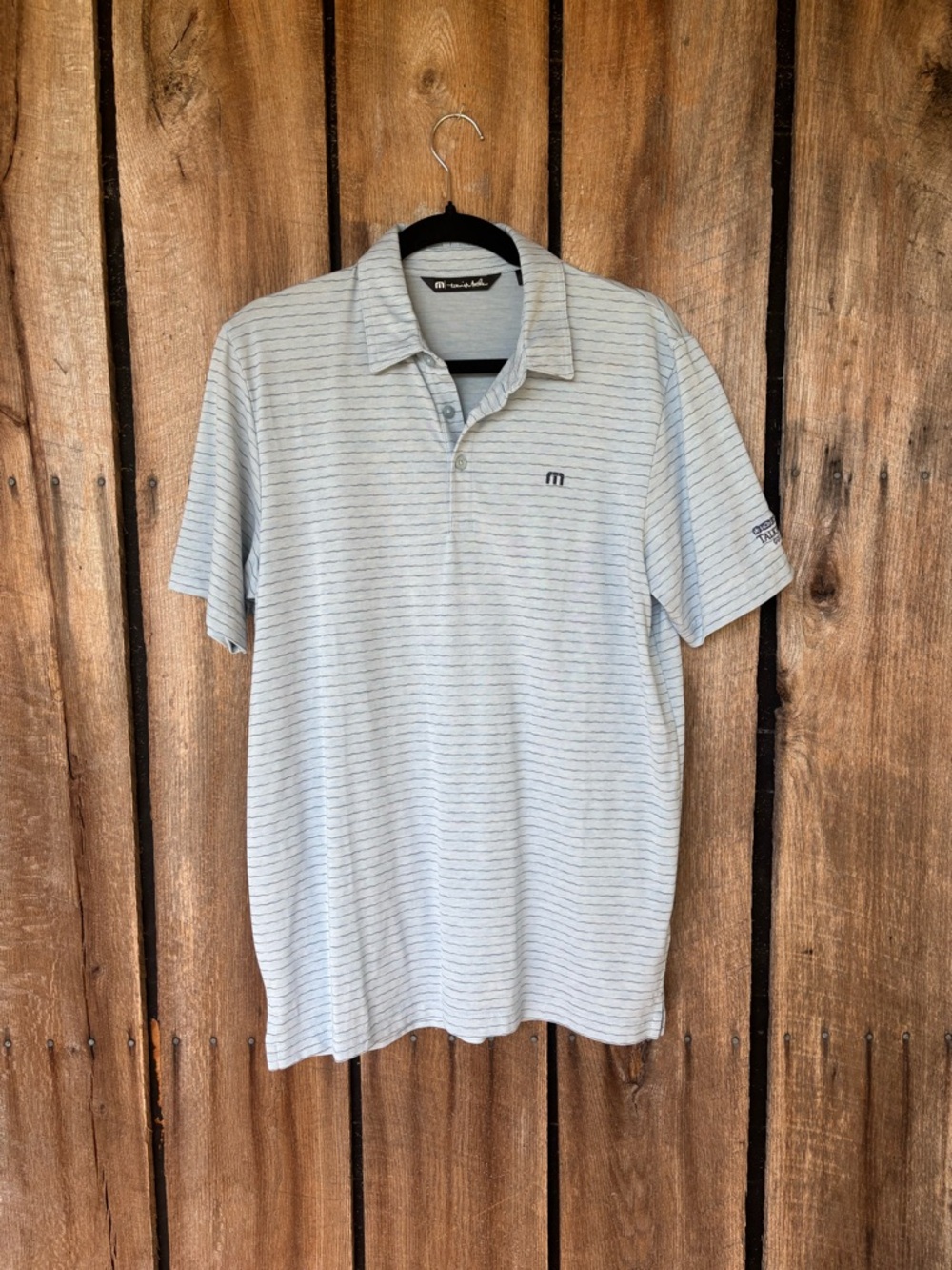TravisMathew Men's M Blue Striped Golf PoloShirt Talking Stick Golf Club Stretch